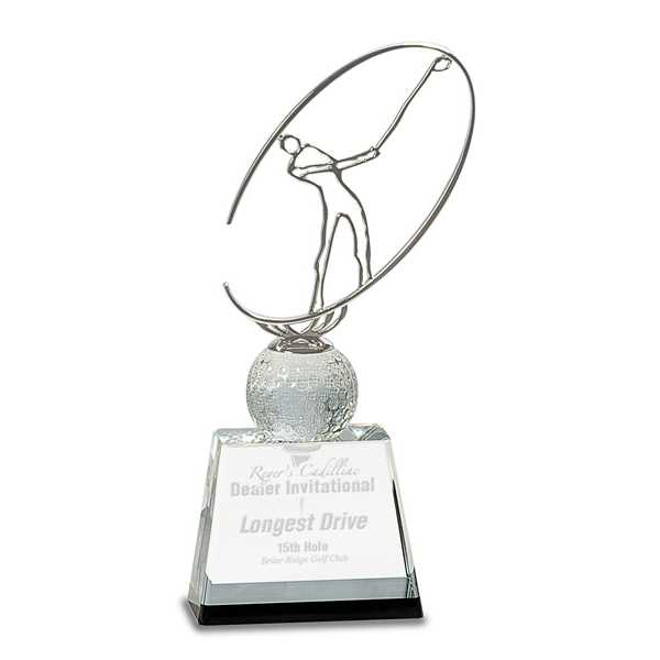 Picture of 10" Clear/Black Crystal Golf Award with Silver Metal Oval Figure