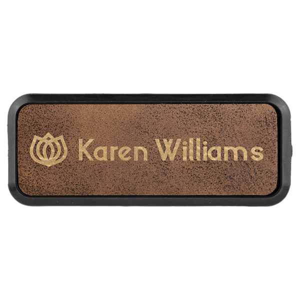 Picture of 3" x 1" Rustic/Gold Laserable Leatherette Badge with Frame