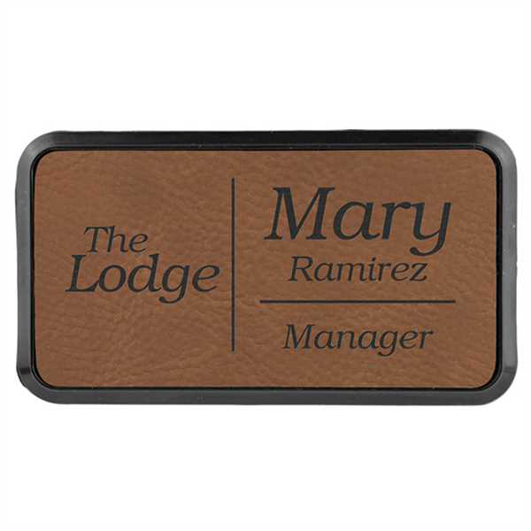 Picture of 3" x 1 1/2" Dark Brown Laserable Leatherette Round Corner Badge & Frame