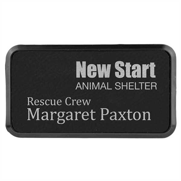 Picture of 3" x 1 1/2" Black/Silver Laserable Leatherette Round Corner Badge & Frame