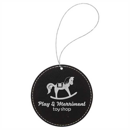 Picture of Black & Silver Laserable Leatherette Round Ornament with Silver String