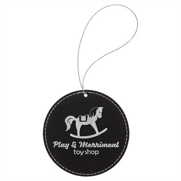 Picture of Black & Silver Laserable Leatherette Round Ornament with Silver String