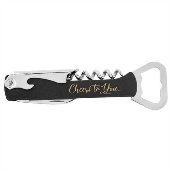 Picture of Black & Gold Laserable Leatherette Corkscrew Bottle Opener