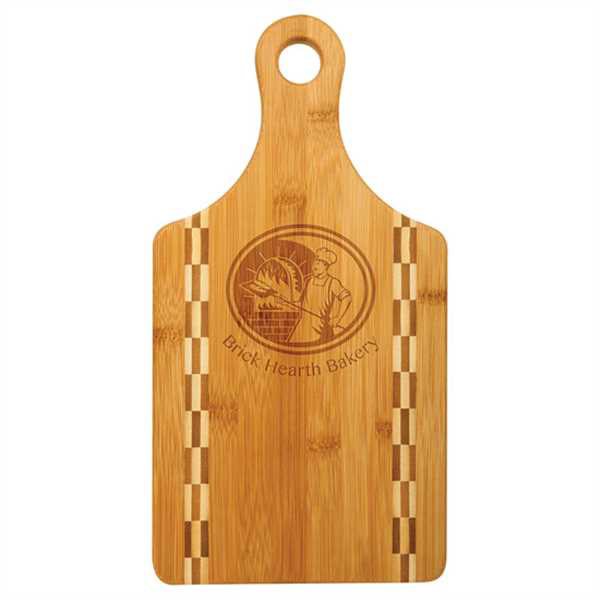 Picture of 13 1/2" x 7" Paddle Shaped Bamboo Cutting Board with Butcher Block Inlay