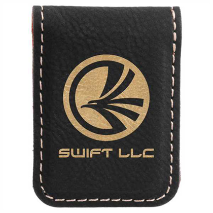 Picture of 1 3/4" x 2 1/2" Black/Gold Laserable Leatherette Money Clip