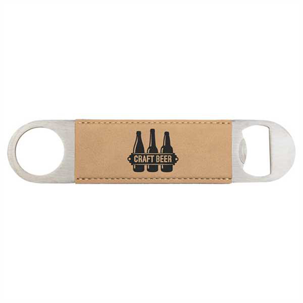 Picture of 1 1/2" x 7" Light Brown Laserable Leatherette Bottle Opener