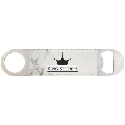 Picture of 1 1/2" x 7" White Marble Laserable Leatherette Bottle Opener