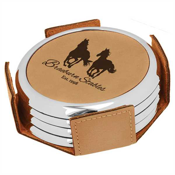 Picture of 3 5/8" Round Light Brown Laserable Leatherette 4-Coaster Set w/Silver Edge