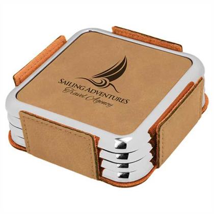 Picture of 3 5/8" x 3 5/8" Light Brown w/ Silver Edge Square Leatherette Coaster Set