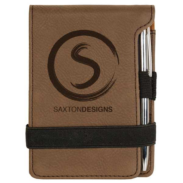 Picture of 3 1/4" x 4 3/4" Dark Brown Laserable Leatherette Mini Notepad with Pen