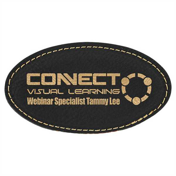 Picture of 3 1/4" x 1 3/4" Black/Gold Laserable Leatherette Oval Badge Blank with Magnet