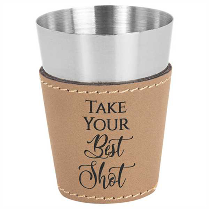 Picture of 2 oz. Light Brown Laserable Leatherette & Stainless Steel Shot Glass