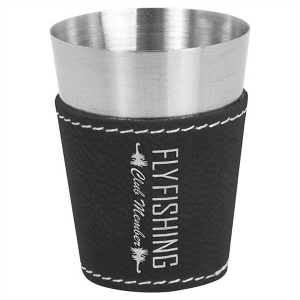 Picture of 2 oz. Black/Silver Laserable Leatherette & Stainless Steel Shot Glass