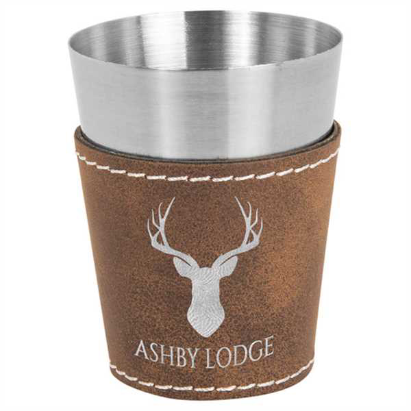 Picture of 2 oz. Rustic/Silver Laserable Leatherette & Stainless Steel Shot Glass
