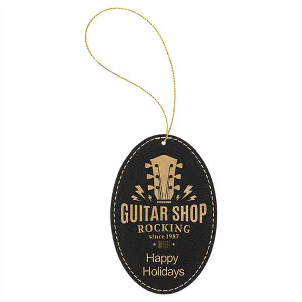 Picture of Black & Gold Laserable Leatherette Oval Ornament with Gold String