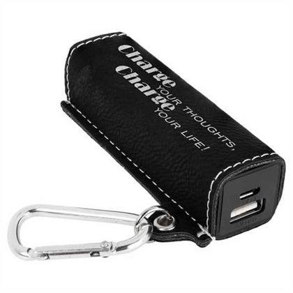 Picture of Black & Silver Laserable Leatherette 200 mAh Power Bank with USB Cord