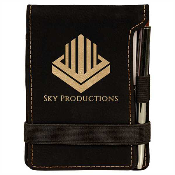 Picture of 3 1/4" x 4 3/4" Black/Gold Laserable Leatherette Mini Notepad with Pen