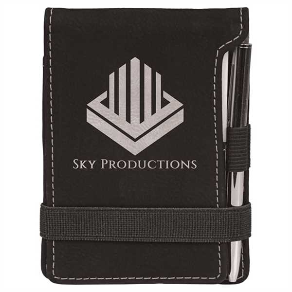 Picture of 3 1/4" x 4 3/4" Black/Silver Laserable Leatherette Mini Notepad with Pen