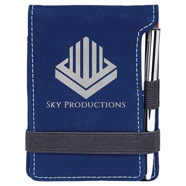 Picture of 3 1/4" x 4 3/4" Blue/Silver Laserable Leatherette Mini Notepad with Pen