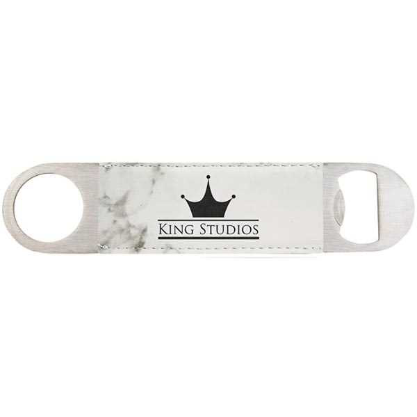 Picture of 1 1/2" x 7" White Marble Laserable Leatherette Bottle Opener