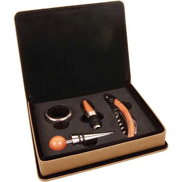 Picture of Light Brown Laserable Leatherette 4-Piece Wine Tool Set