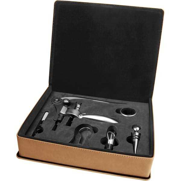 Picture of Light Brown Laserable Leatherette 5-Piece Wine Tool Gift Set