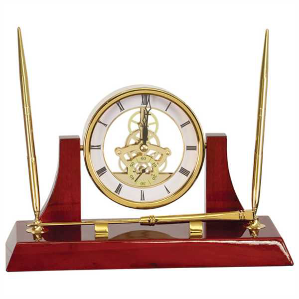Picture of 10 1/2" x 6" Executive Gold/Rosewood Piano Finish Clock w/2 Pens/Letter Opener