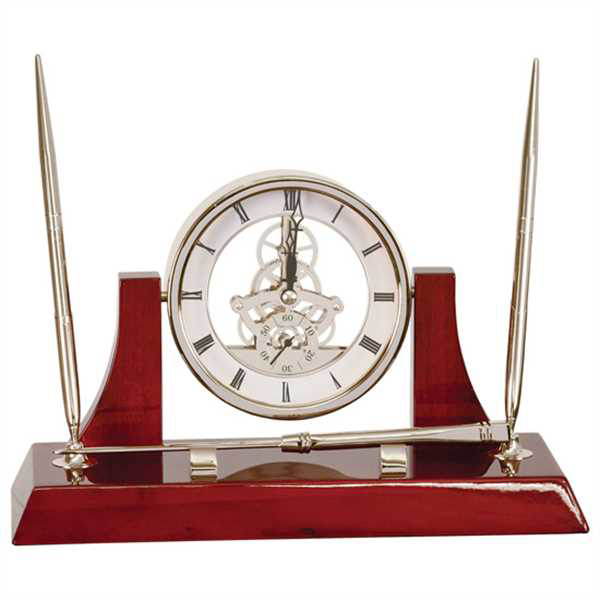 Picture of 10 1/2" x 6" Executive Silver/Rosewood Piano Finish Clock w/2 Pens/Letter Opener