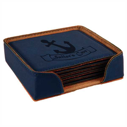 Picture of 4" x 4" Blue Square Laserable Leatherette 6-Coaster Set