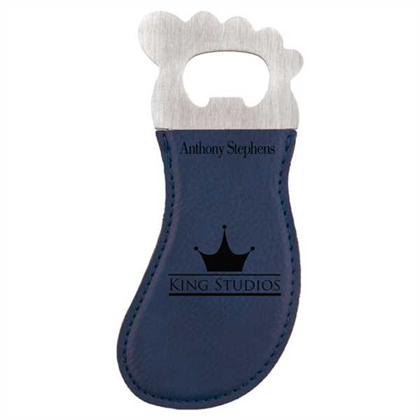 Picture of Blue Laserable Leatherette Foot Shaped Bottle Opener with Magnet