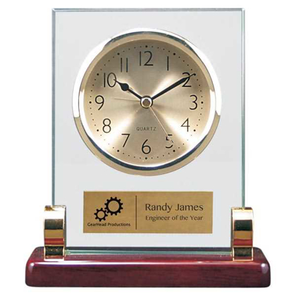 Picture of 6 1/2" Rectangle Glass Desk Clock with Metal Posts & Rosewood Piano Finish
